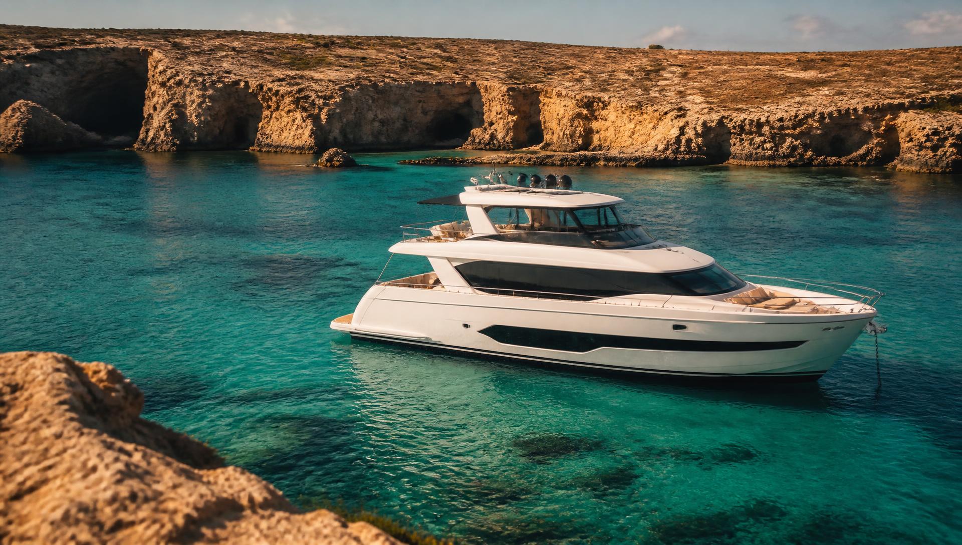 Luxury motor yacht anchored in the turquoise Blue Lagoon at Comino, Malta